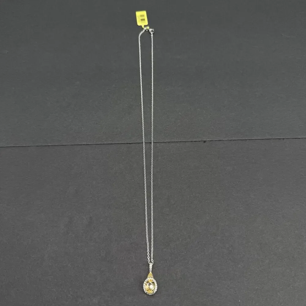 Signed STS 925 Sterling Silver Yellow Citrine Halo Pendant Necklace & Stud Earri